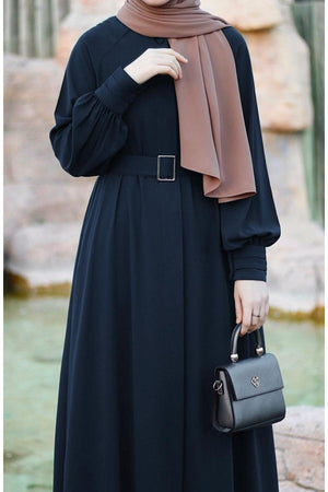 Relaxed Fit Long Crepe Ferace Dress with Adjustable Belt — Lacivert