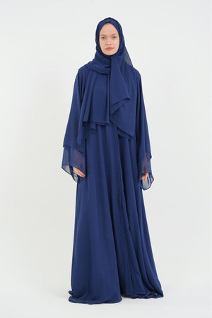 Long Lightweight Abaya and Matching Shawl Set with Snap Closure — acik-lacivert