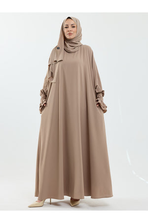 Beige Abaya with Gathered Cuffs & Matching Shawl