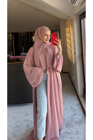 Long Lightweight Abaya and Matching Shawl Set with Snap Closure — pembe