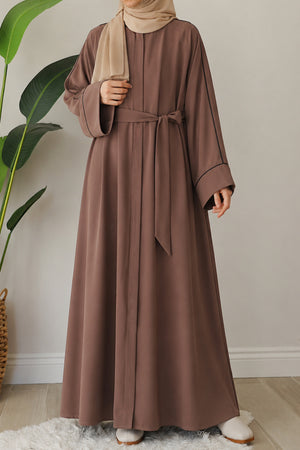 Relaxed Fit Crepe Abaya with Contrast Piping and Stand Collar — vizon