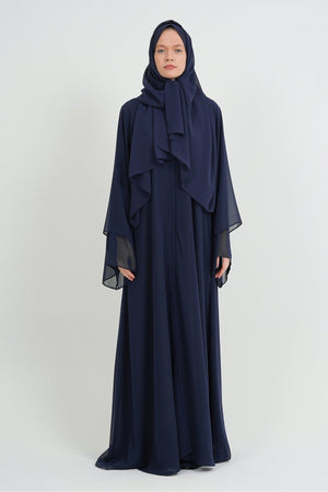 Long Lightweight Abaya and Matching Shawl Set with Snap Closure — koyu-lacivert