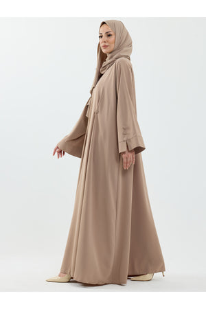 Modest Full-Zip Abaya with Matching Shayla and Button Cuffs — Bej