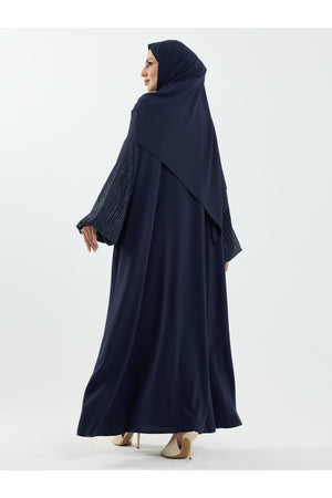 Abaya Set with Embellished Sleeves & Matching Shawl — Lacivert