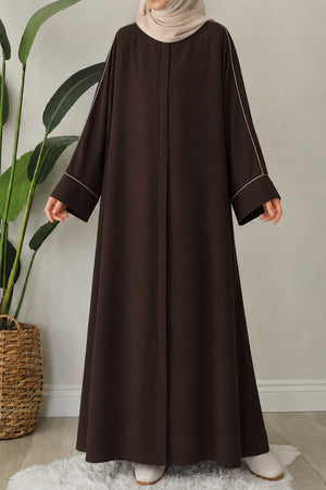 Relaxed Fit Crepe Abaya with Contrast Piping and Stand Collar — Çok Renkli