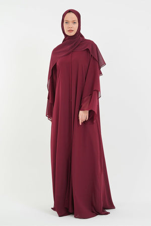 Long Lightweight Abaya and Matching Shawl Set with Snap Closure — bordo
