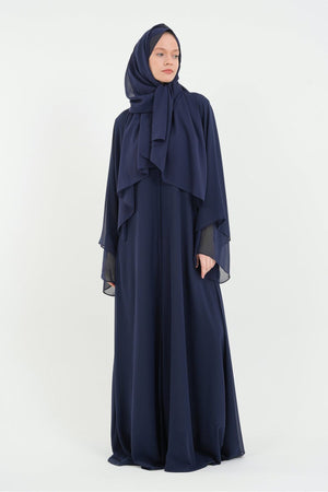Long Lightweight Abaya and Matching Shawl Set with Snap Closure — koyu-lacivert