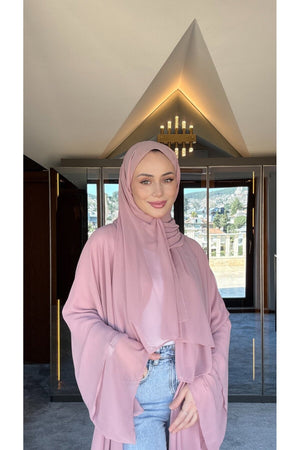 Long Lightweight Abaya and Matching Shawl Set with Snap Closure — pembe