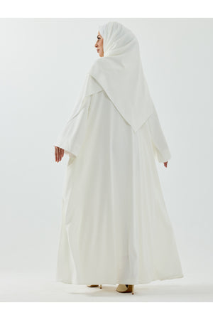 Modest Full-Zip Abaya with Matching Shayla and Button Cuffs — Beyaz