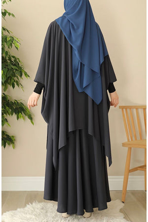 Modest Relaxed Fit Long Tunic & Skirt Set with Batwing Sleeves — Gri