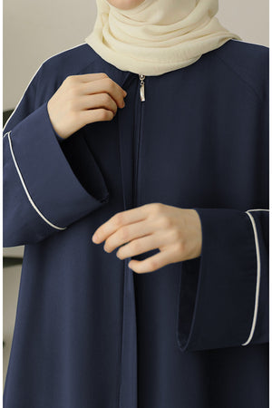 Relaxed Fit Crepe Abaya with Contrast Piping and Stand Collar — Lacivert