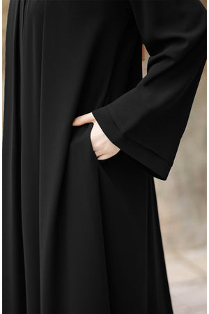 Black Relaxed Fit Crepe Abaya with Stand Collar