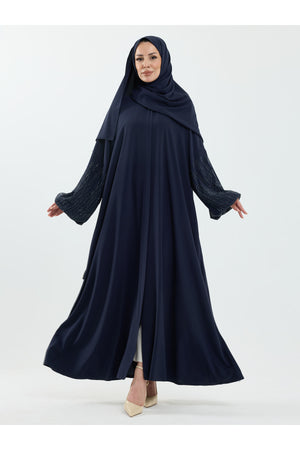 Abaya Set with Embellished Sleeves & Matching Shawl — Lacivert