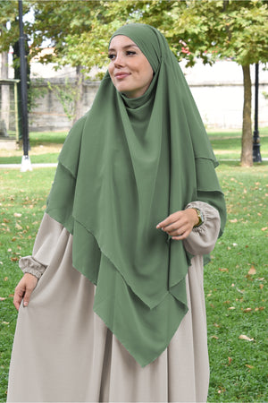 Long Layered Chiffon Khimar with Tie-Back Niqab — soft-yesil