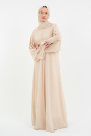 Long Lightweight Abaya and Matching Shawl Set with Snap Closure — acik-bej