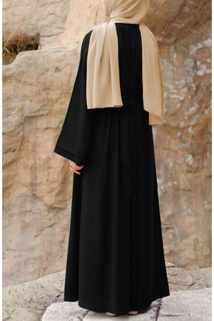 Black Relaxed Fit Crepe Abaya with Stand Collar