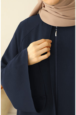 Navy Crepe Abaya with Stand Collar, Batwing Sleeves, and Belt
