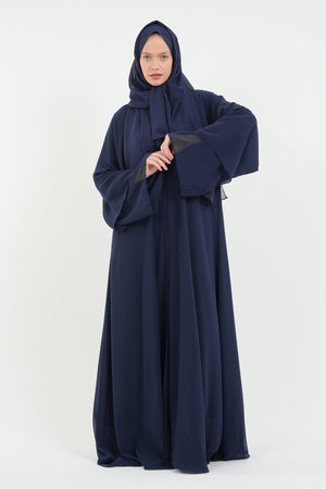Long Lightweight Abaya and Matching Shawl Set with Snap Closure — koyu-lacivert