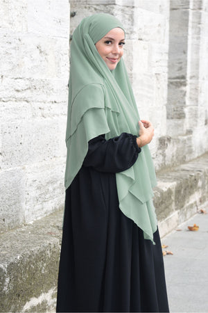 Long Layered Chiffon Khimar with Tie-Back Niqab — yesil