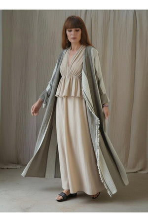 Grey Striped Muslin Kaftan with Pockets