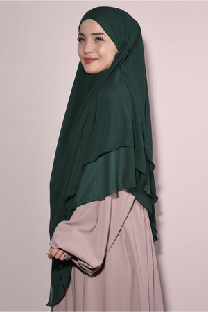 Long Layered Chiffon Khimar with Tie-Back Niqab — Yeşil