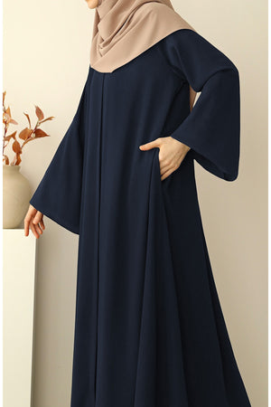 Navy Crepe Abaya with Stand Collar, Batwing Sleeves, and Belt