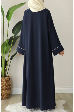 Relaxed Fit Crepe Abaya with Contrast Piping and Stand Collar — Lacivert