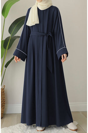 Relaxed Fit Crepe Abaya with Contrast Piping and Stand Collar — Lacivert