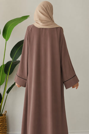 Relaxed Fit Crepe Abaya with Contrast Piping and Stand Collar — vizon