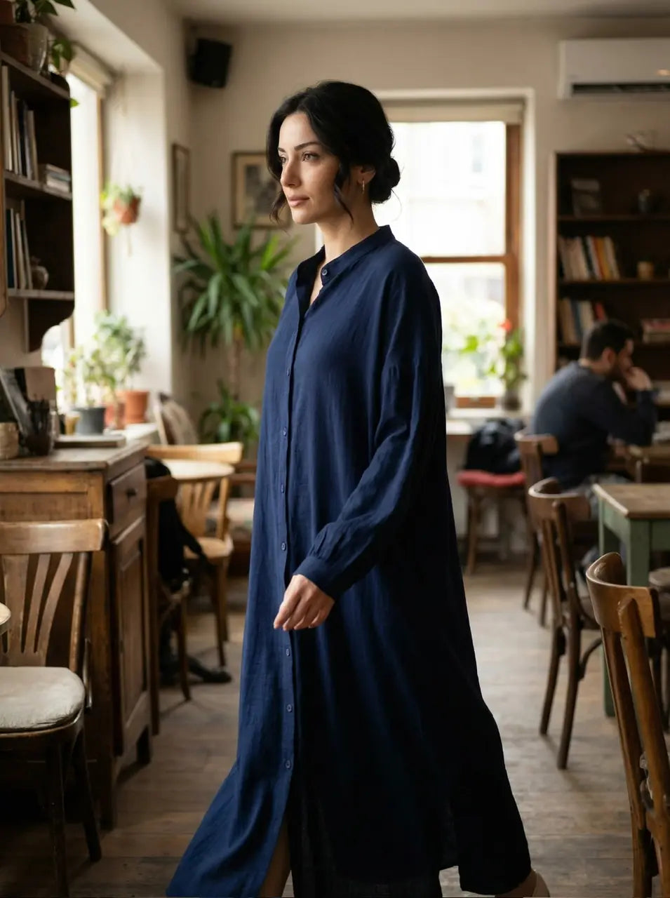 Relaxed Fit Button-Front muslin Dress with Band Collar