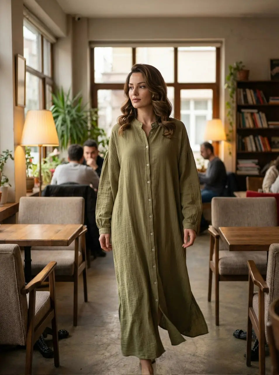 Relaxed Fit Button-Front muslin Dress with Band Collar