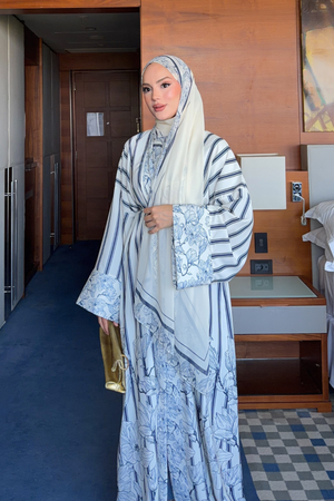 Navy Striped Abaya with Floral Print & Belt