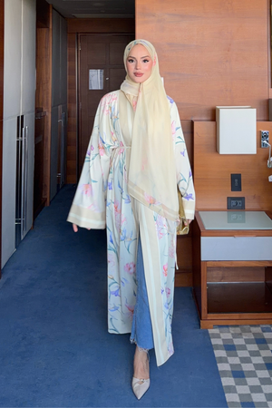 Flowy Floral Satin Open Abaya with Striped Trim and Shawl — Bej