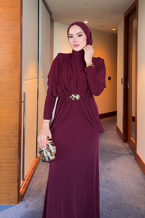 Draped Maxi Dress with High Neck and Decorative Buckle — Bordo