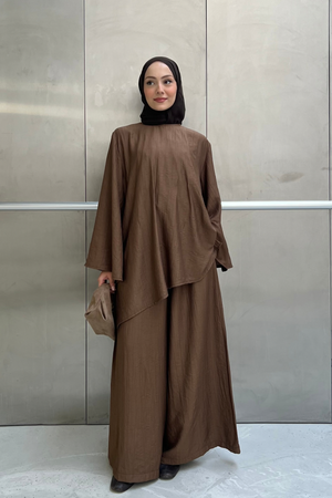 Asymmetric Tunic Top & Wide-Leg Trousers Set — Kahve