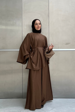 Asymmetric Tunic Top & Wide-Leg Trousers Set — Kahve