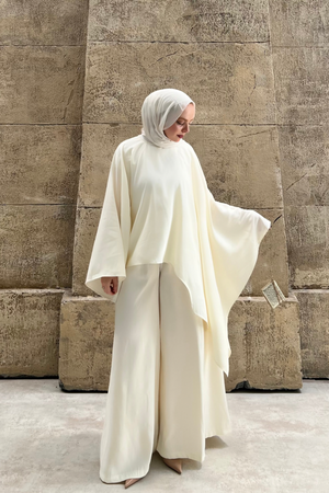 Asymmetric Tencel Set with Flowing Tunic & Wide Trousers — Ekru