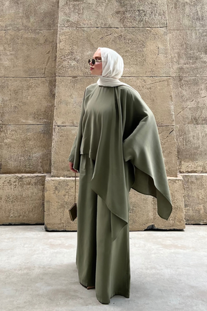 Asymmetric Tencel Set with Flowing Tunic & Wide Trousers — Yesil