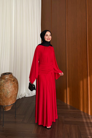 Elegant Draped Maxi Dress with Wide Sleeves and Back Zipper — KIRMIZI