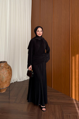 Elegant Draped Maxi Dress with Wide Sleeves and Back Zipper — SİYAH