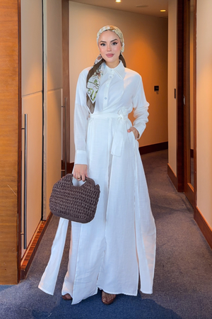 Breathable Linen Blend Tunic & Trouser Set — Beyaz