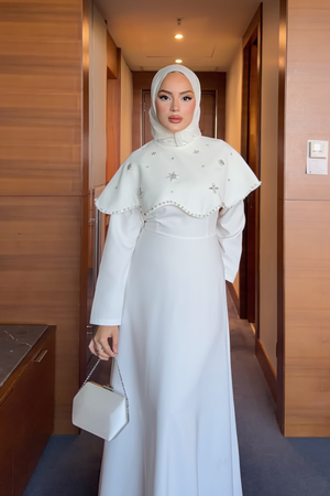 Long Dress with Detachable Cape & Crystal Embellishments — Beyaz