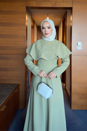 Long Dress with Detachable Cape & Crystal Embellishments — Cagla