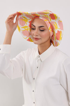 Patterned Turban Bonnet with Detachable Wide-Brim Hat
