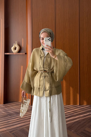 Chinese-Style Tie-Front Blouse with Wide Sleeves — HAKİ