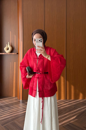 Chinese-Style Tie-Front Blouse with Wide Sleeves — KIRMIZI