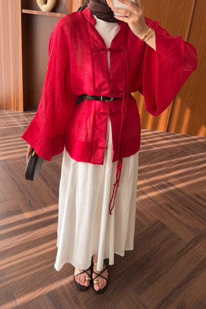 Chinese-Style Tie-Front Blouse with Wide Sleeves — KIRMIZI