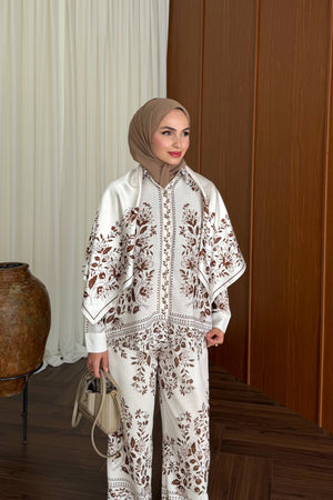 Modest Linen Pants Set with Tunic Top & Detachable Scarf — KAHVE