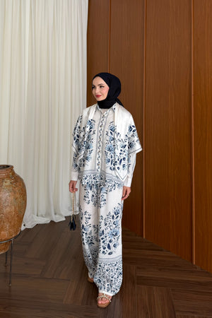 Modest Linen Pants Set with Tunic Top & Detachable Scarf — LACİVERT