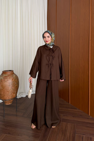 Linen Tunic and Wide-Leg Trousers Set with Front Ties — KAHVE
